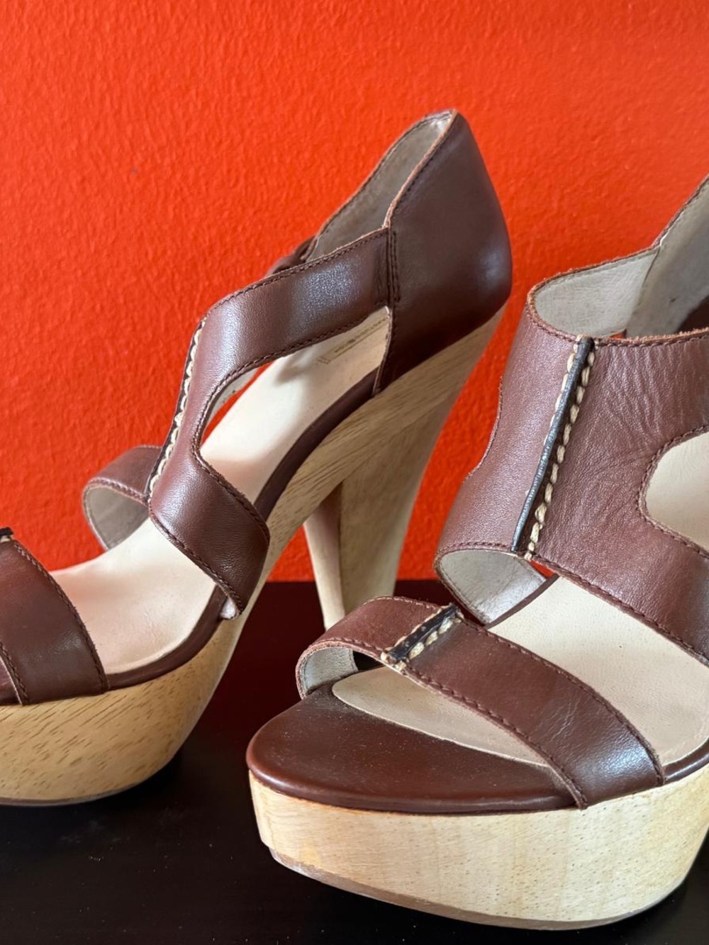 Max Studio Brown Leather Platform Sandals with Light Wood Heel - Picture 5 of 6